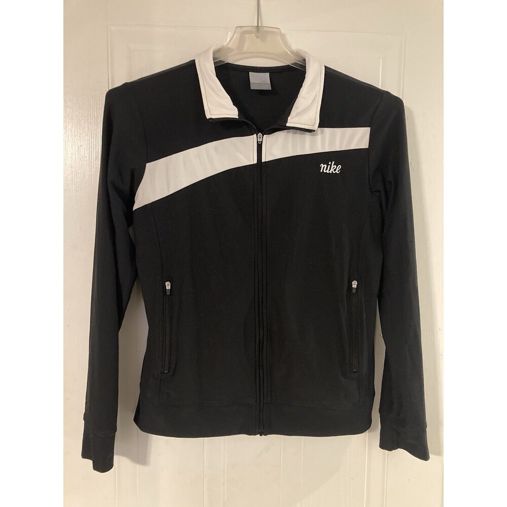 NIKE Y2K Track Jacket Women’s Medium Black White Striped Swoosh Full Zip Retro